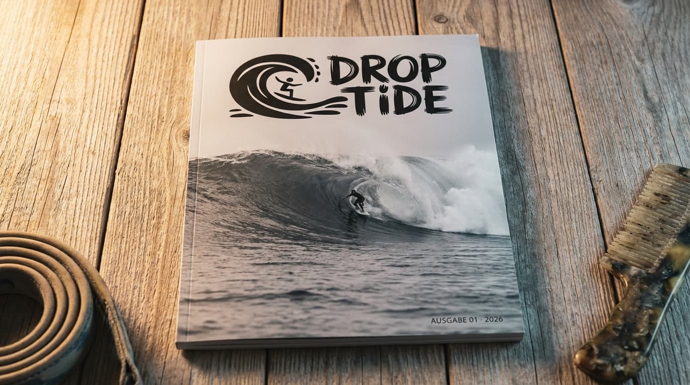 Magazin-Cover der Demo-Marke Droptide, einer Surfschule